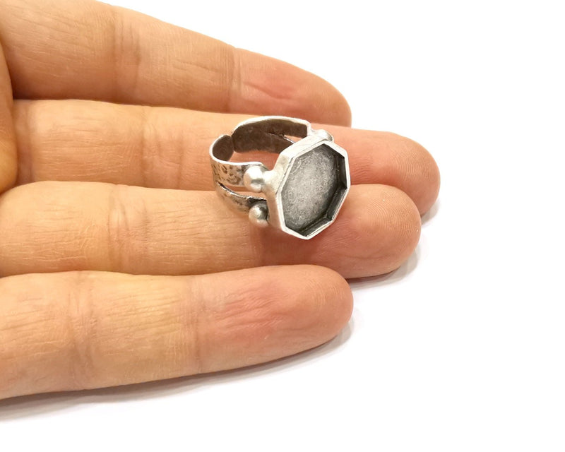 Silver Ring Setting Resin Ring Blank Cabochon Base inlay Ring Mounting Adjustable Ring Bezel (15x15mm)Antique Silver Plated Brass  G16472