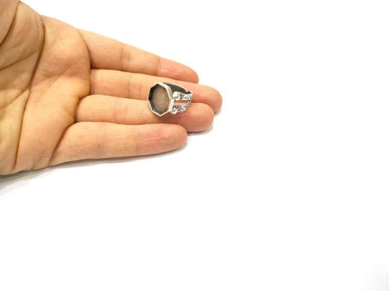 Silver Ring Setting Resin Ring Blank Cabochon Base inlay Ring Mounting Adjustable Ring Bezel (15x15mm)Antique Silver Plated Brass  G16472