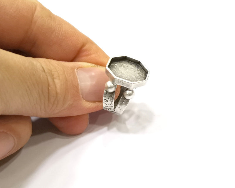 Silver Ring Setting Resin Ring Blank Cabochon Base inlay Ring Mounting Adjustable Ring Bezel (15x15mm)Antique Silver Plated Brass  G16472