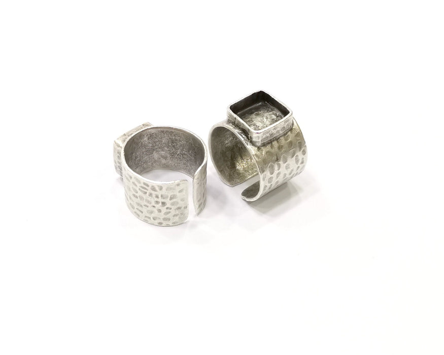 3 pcs Silver Ring Setting Resin Ring Blank Cabochon Base inlay Mounting Adjustable Ring Bezel (10x10mm)Antique Silver Plated Brass  G16476