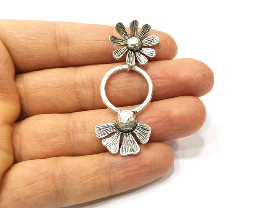 Flower Pendant Antique Silver Plated Brass Two piece and connected with the ring (55x21mm) G16482