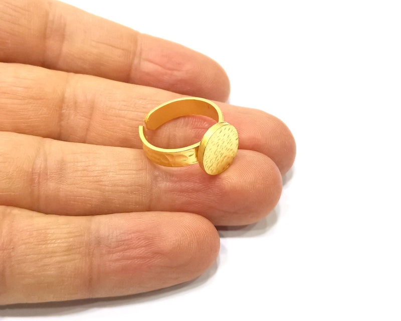 Gold Ring Blank Setting Cabochon Base Ring Hammered Mounting Adjustable Ring Bezel (11mm blank ) Gold Plated Metal G16503