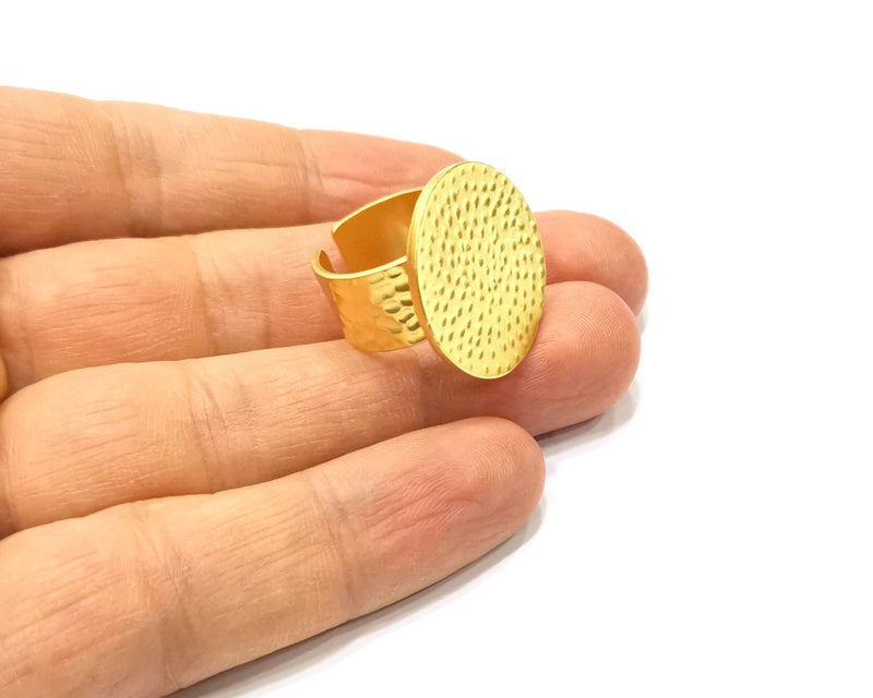 Gold Ring Blank Setting Cabochon Base Ring Hammered Mounting Adjustable Ring Bezel (24mm blank ) Gold Plated Metal G16498