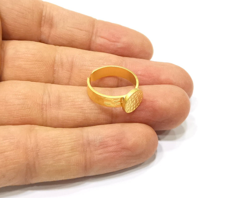 Gold Ring Blank Setting Cabochon Base Ring Hammered Mounting Adjustable Ring Bezel (9mm blank ) Gold Plated Metal G16497