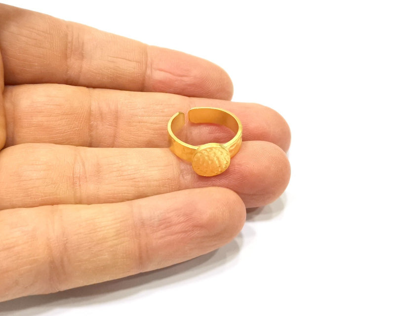 Gold Ring Blank Setting Cabochon Base Ring Hammered Mounting Adjustable Ring Bezel (9mm blank ) Gold Plated Metal G16497