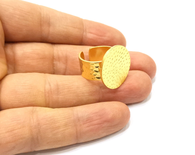 Gold Ring Blank Setting Cabochon Base Ring Hammered Mounting Adjustable Ring Bezel (22mm blank ) Gold Plated Metal G16505