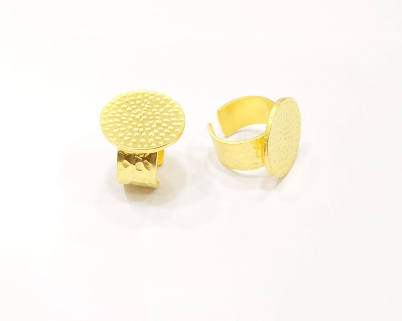 Gold Ring Blank Setting Cabochon Base Ring Hammered Mounting Adjustable Ring Bezel (22mm blank ) Gold Plated Metal G16505