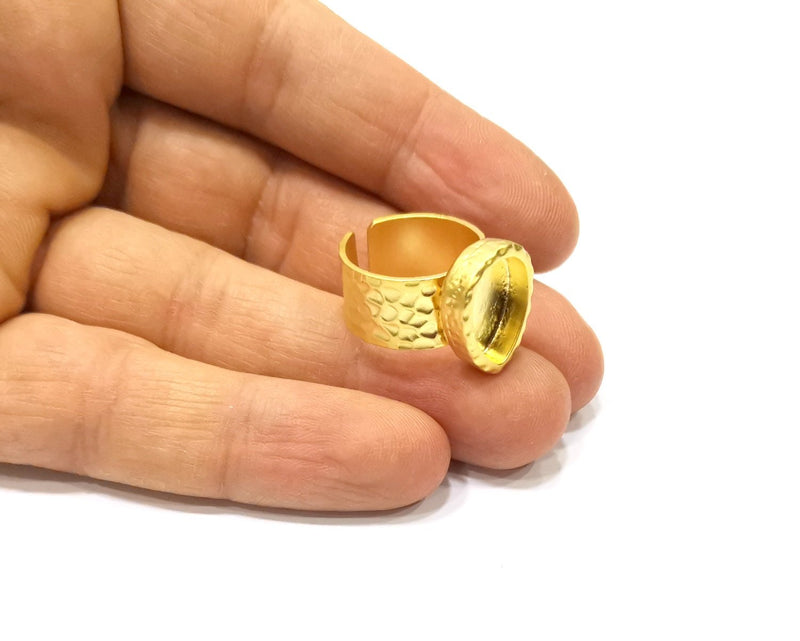 Gold Ring Blank Setting Cabochon Base inlay Ring Hammered Mounting Adjustable Ring Bezel (14x10mm blank ) Gold Plated Metal G16510