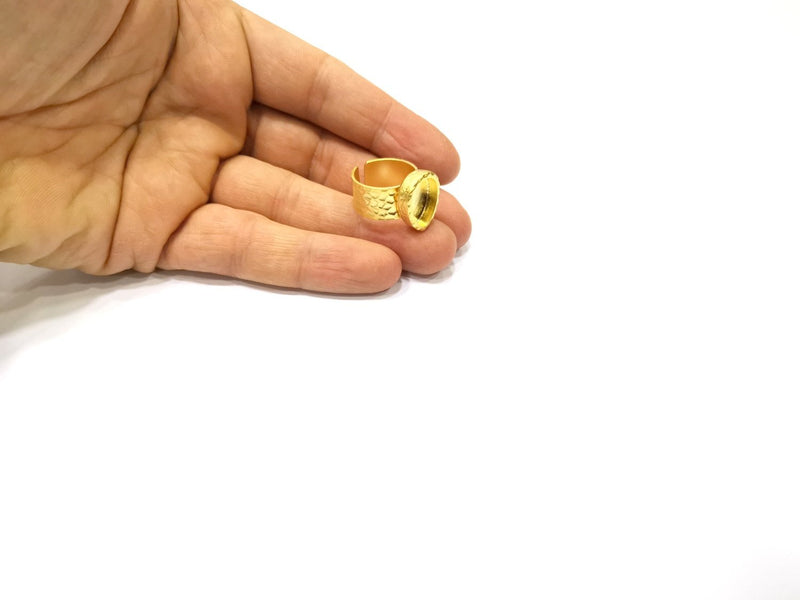Gold Ring Blank Setting Cabochon Base inlay Ring Hammered Mounting Adjustable Ring Bezel (14x10mm blank ) Gold Plated Metal G16510