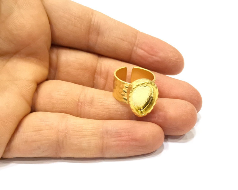 Gold Ring Blank Setting Cabochon Base inlay Ring Hammered Mounting Adjustable Ring Bezel (14x10mm blank ) Gold Plated Metal G16510