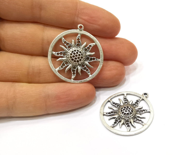 2 Sun Charms Antique Silver Plated Charms (31mm)  G16524