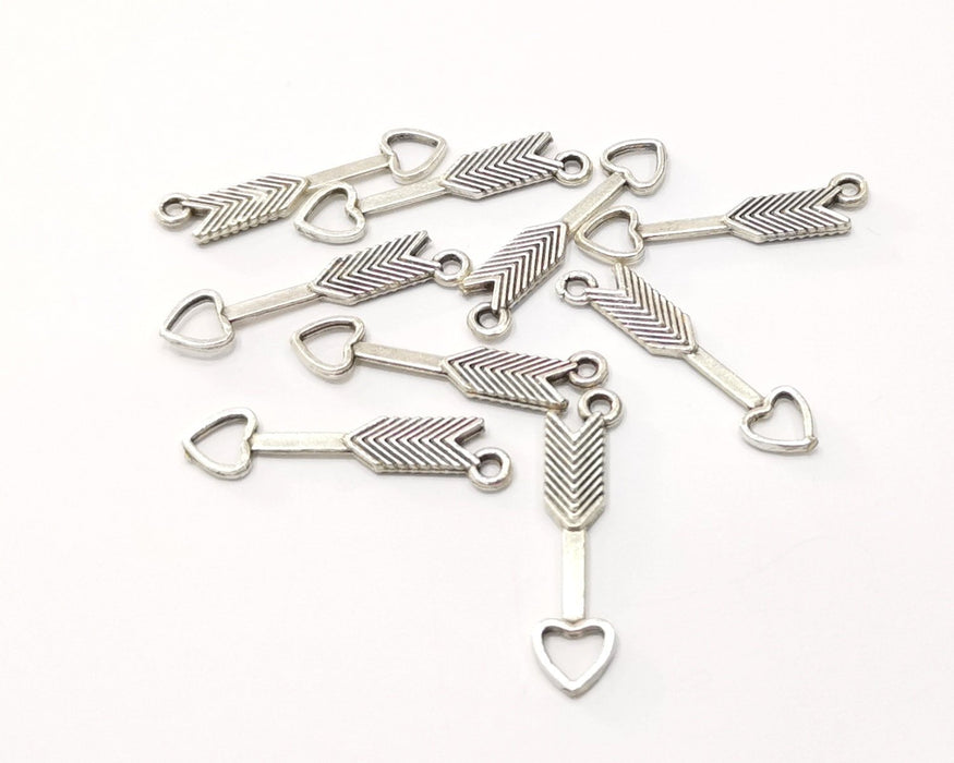 10 Heart Arrow Charms Antique Silver Plated Charms (24x5mm)  G16528