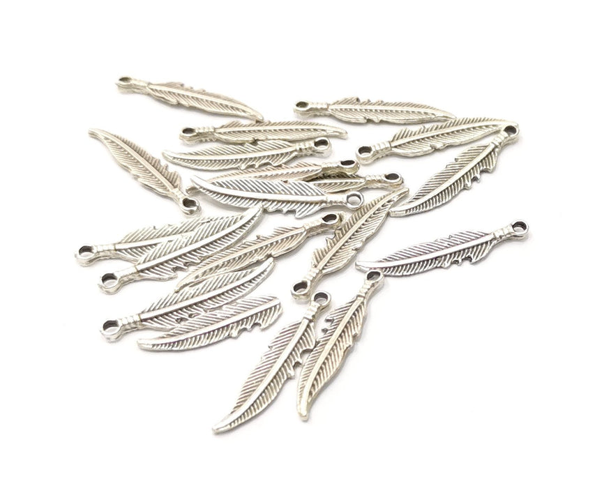 20 Feather Charms Antique Silver Plated Charms (25x5mm)  G16559