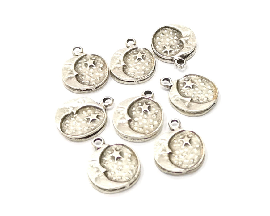 8 Moon and Star Charms Antique Silver Plated Charms Double sided (13mm)  G17058