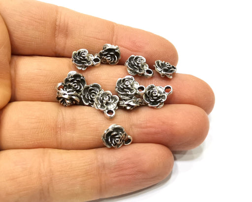 10 Rose Flower Charms Antique Silver Plated Charms Double sided (11x9mm)  G16598