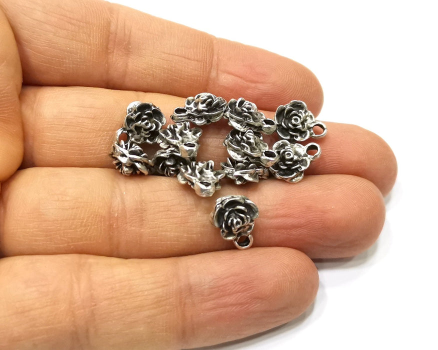 10 Rose Flower Charms Antique Silver Plated Charms Double sided (11x9mm)  G16598
