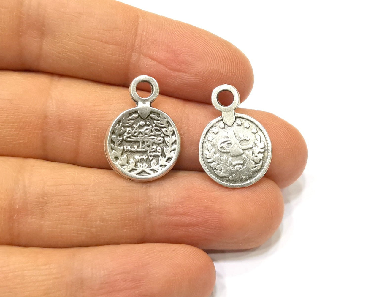 10 Silver Charms Ottoman Coin Charms Antique Silver Plated Charms (21x15mm)  G16619