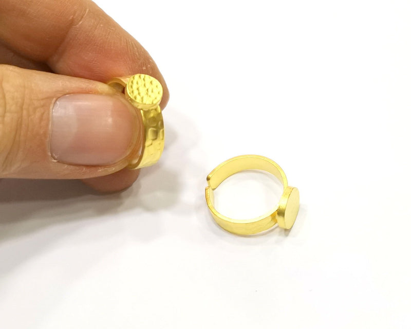 Gold Ring Blank Setting Cabochon Base Ring Hammered Mounting Adjustable Ring Bezel (10mm blank ) Gold Plated Metal G16670