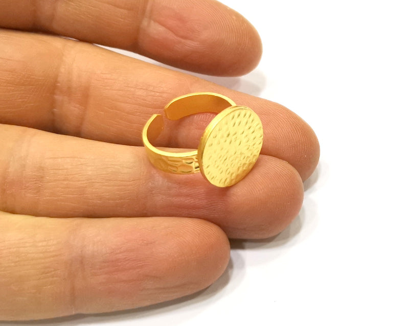 Gold Ring Blank Setting Cabochon Base Ring Hammered Mounting Adjustable Ring Bezel (16mm blank ) Gold Plated Metal G16671