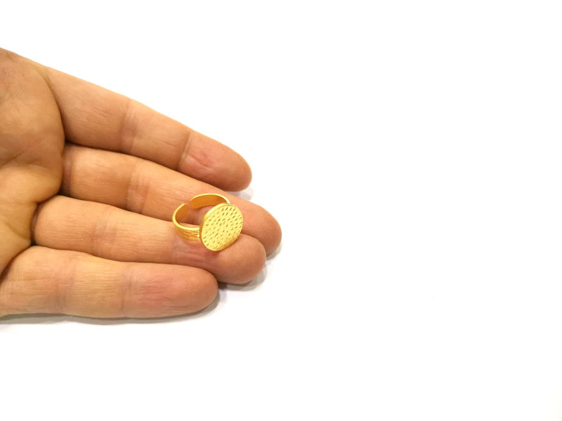 Gold Ring Blank Setting Cabochon Base Ring Hammered Mounting Adjustable Ring Bezel (16mm blank ) Gold Plated Metal G16671