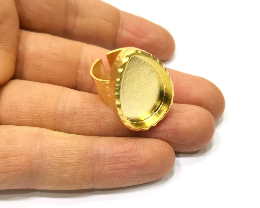 Hammered Ring Blank Setting Cabochon Base inlay Ring Hammered Mounting Adjustable Ring Bezel (25x18mm blank ) Gold Plated Metal G16676