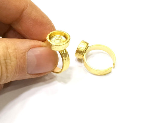 Gold Ring Blank Setting Cabochon Base inlay Ring Hammered Mounting Adjustable Ring Bezel (10x8mm blank ) Gold Plated Metal G16691