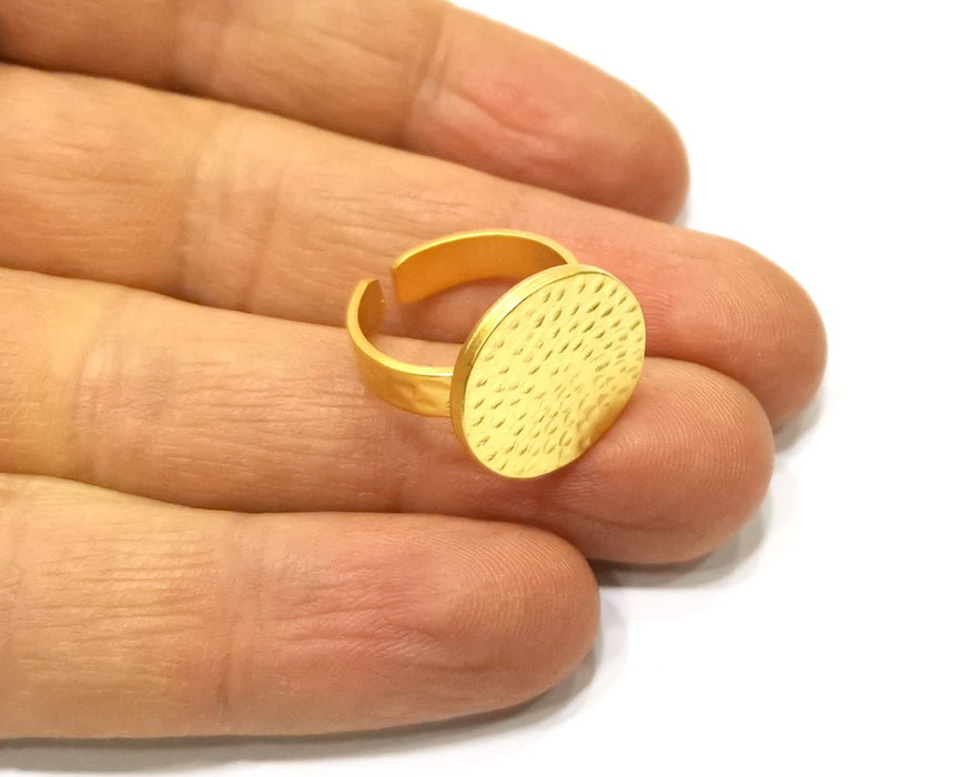 Gold Ring Blank Setting Cabochon Base Ring Hammered Mounting Adjustable Ring Bezel (18mm blank ) Gold Plated Metal G16692