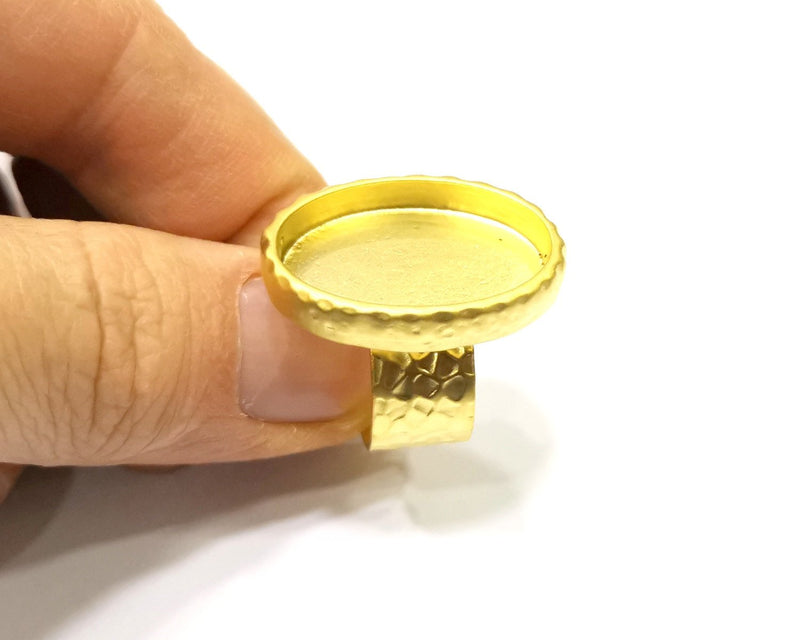 Hammered Ring Blank Setting Cabochon Base inlay Ring Hammered Mounting Adjustable Ring Bezel (25x18mm blank ) Gold Plated Metal G16708