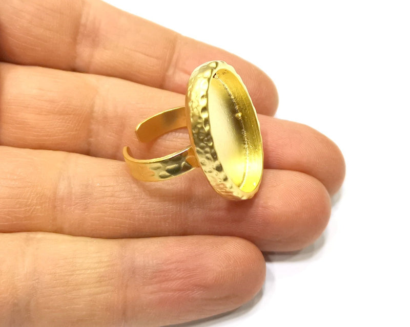 Hammered Ring Blank Setting Cabochon Base inlay Ring Hammered Mounting Adjustable Ring Bezel (25x18mm blank ) Gold Plated Metal G16716