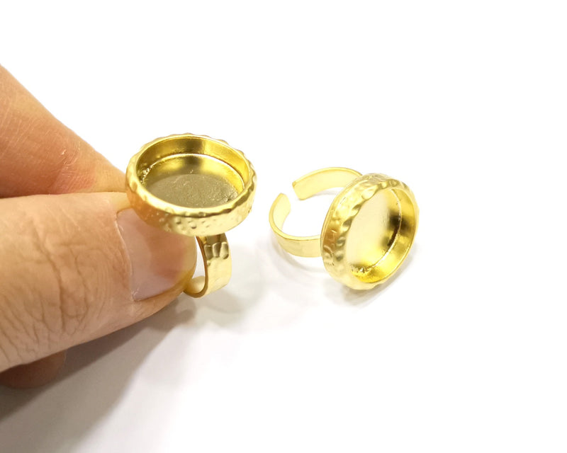 Hammered Ring Blank Setting Cabochon Base inlay Ring Hammered Mounting Adjustable Ring Bezel (16mm blank ) Gold Plated Metal G16718
