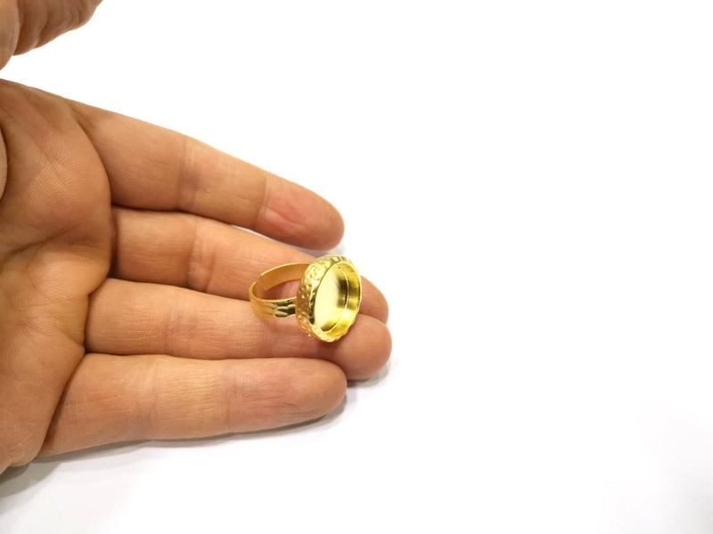 Hammered Ring Blank Setting Cabochon Base inlay Ring Hammered Mounting Adjustable Ring Bezel (16mm blank ) Gold Plated Metal G16718