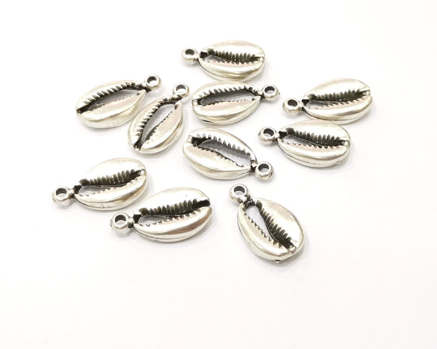 10 Cowrie Shell Charms Silver Charms Antique Silver Plated Metal (18x10mm) G16761