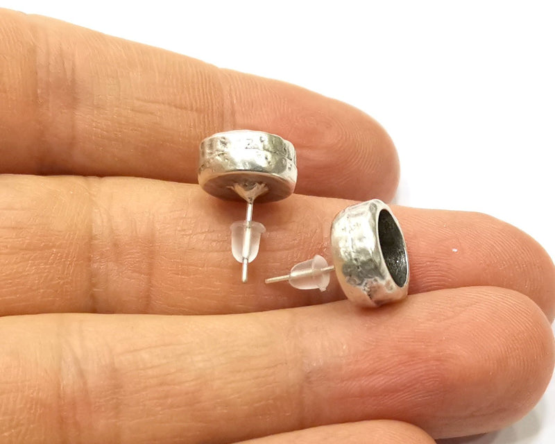 Earring Blank Backs Silver Base Setting Hammered Resin Blank Cabochon Base inlay Mounting Antique Silver Plated (8mm) 1 Pair G17457