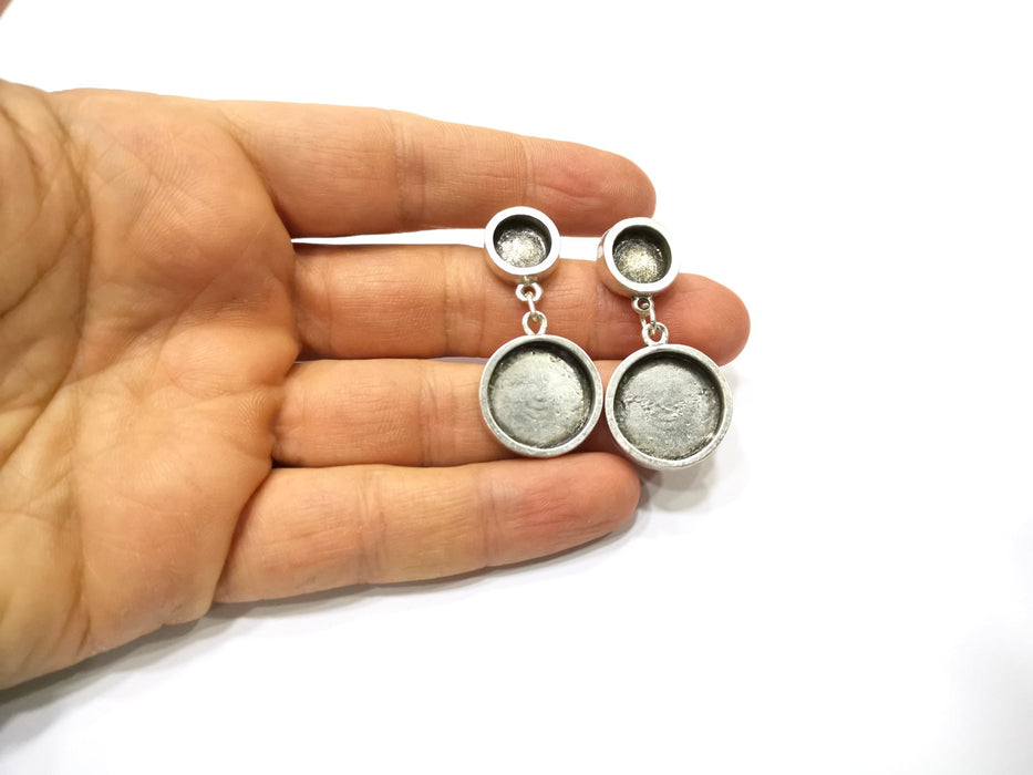 Earring Blank Base Settings Silver Resin Blank Cabochon Base inlay Blank Mountings Antique Silver Plated Metal (18mm+10mm ) 1 Pair  G17458
