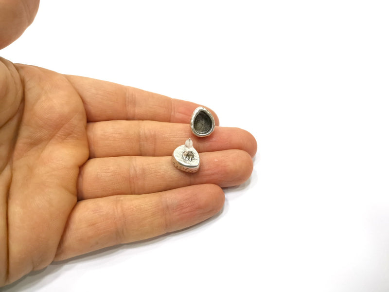 Earring Blank Backs Silver Base Setting Hammered Resin Blank Cabochon Base inlay Mounting Antique Silver Plated (10x8mm) 1 Pair G17459