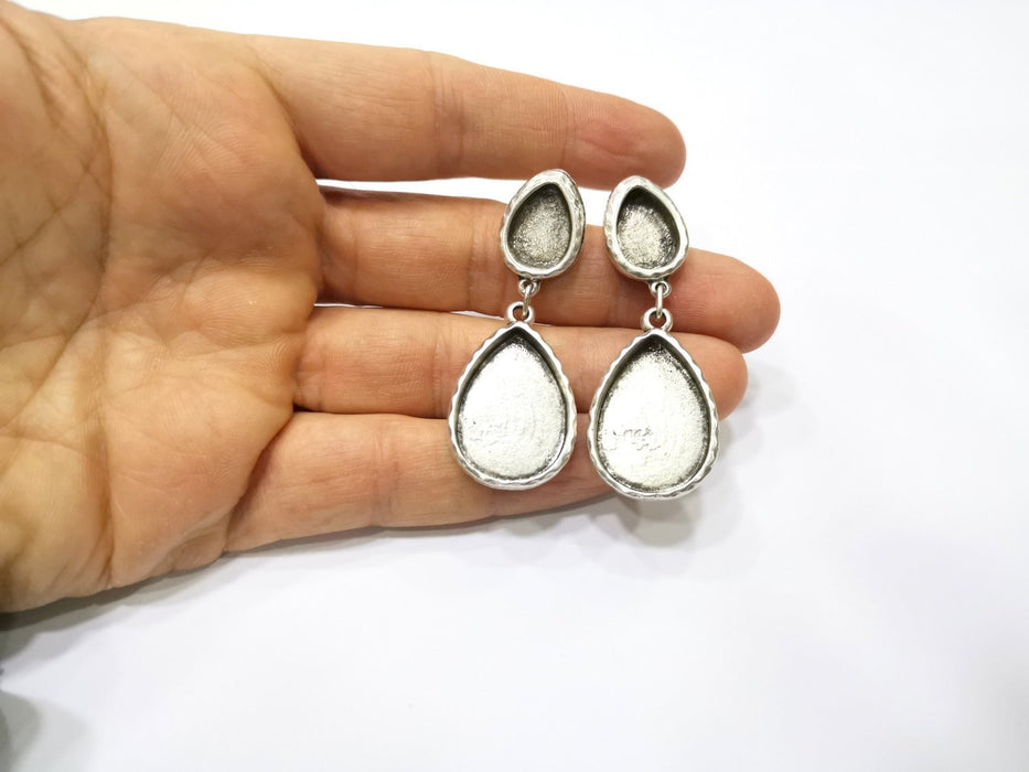Earring Blank Backs Silver Base Setting Hammered Resin Blank Cabochon Base inlay Mounting Antique Silver Plated (25x18+14x10mm)1 Pair G15848