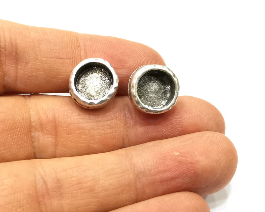 Earring Blank Backs Silver Base Setting Hammered Resin Blank Cabochon Base inlay Mounting Antique Silver Plated (10mm) 1 Pair G17463