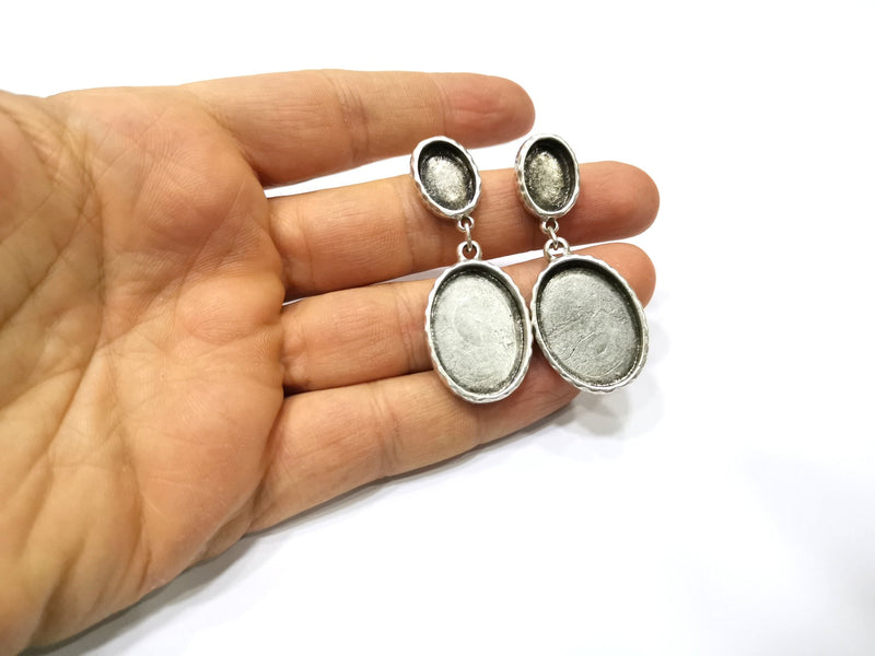 Earring Blank Backs Silver Base Setting Hammered Resin Blank Cabochon Base inlay Mounting Antique Silver Plated (25x18+14x10mm)1 Pair G17467