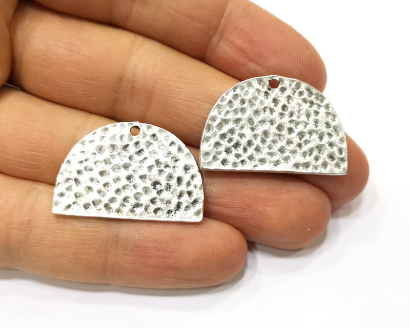 2 Hammered Semi Circle Charms Antique Silver Plated Charms (30x20mm)  G17476