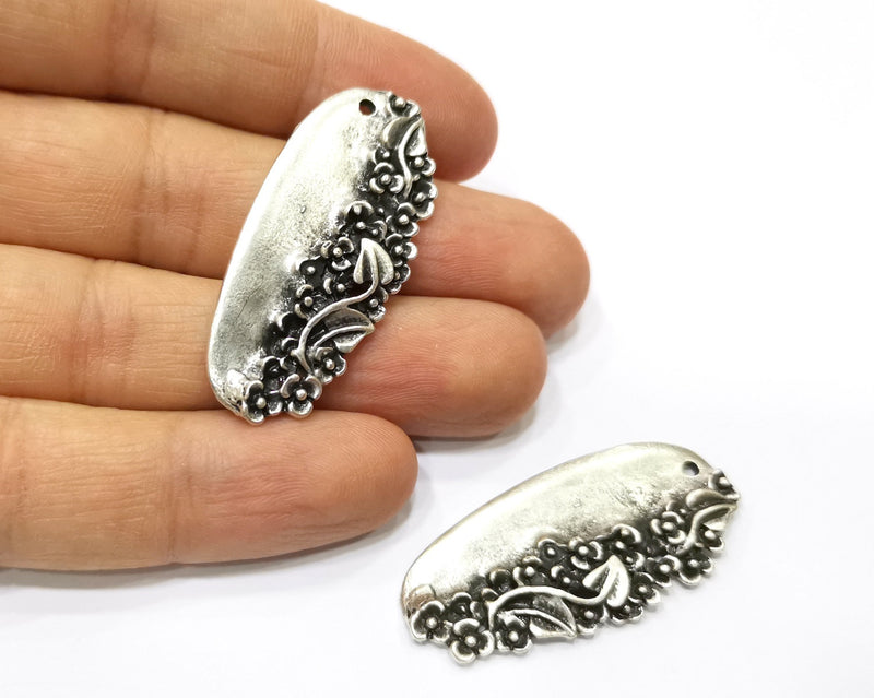 2 Silver Flowers Charms Antique Silver Plated Charms (43x19mm)  G17484