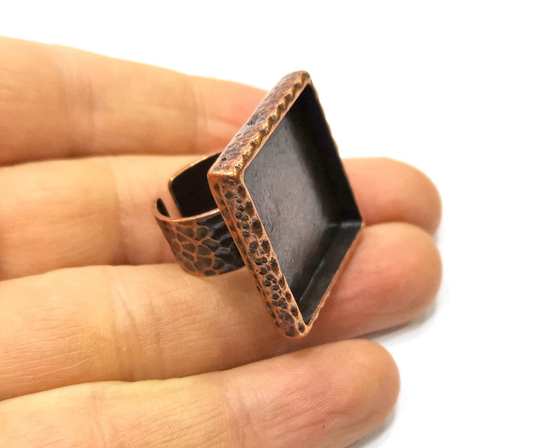 Copper Ring Blank Setting Hammered Cabochon Base inlay Ring Backs Mounting Adjustable Ring Base Bezel (25x25mm) Antique Copper Plated G16895