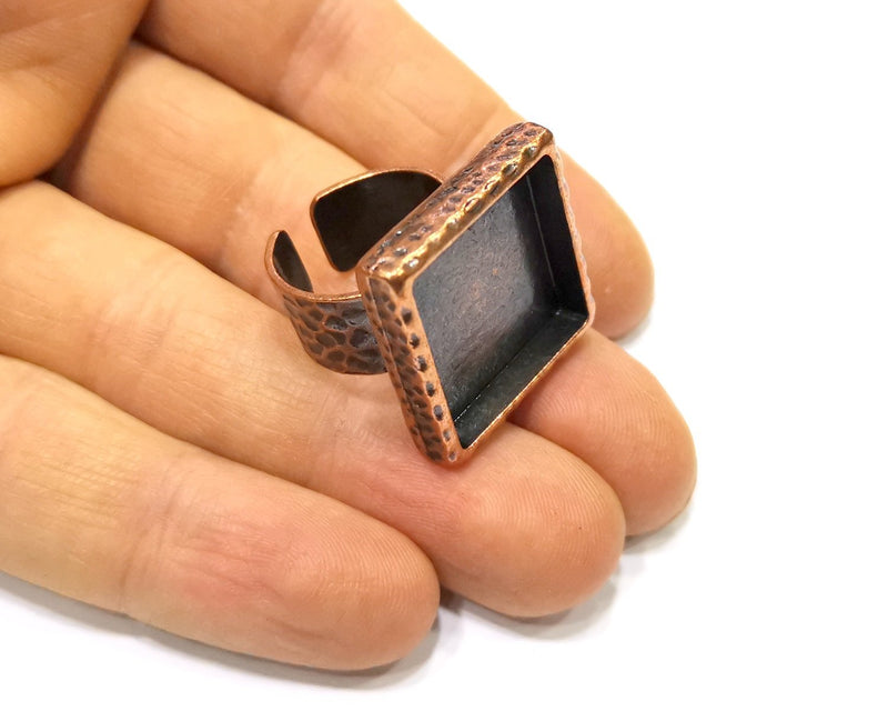 Copper Ring Blank Setting Hammered Cabochon Base inlay Ring Backs Mounting Adjustable Ring Base Bezel (20x20mm) Antique Copper Plated G16902