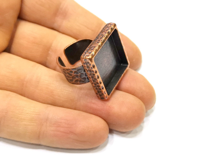Copper Ring Blank Setting Hammered Cabochon Base inlay Ring Backs Mounting Adjustable Ring Base Bezel (20x20mm) Antique Copper Plated G16902