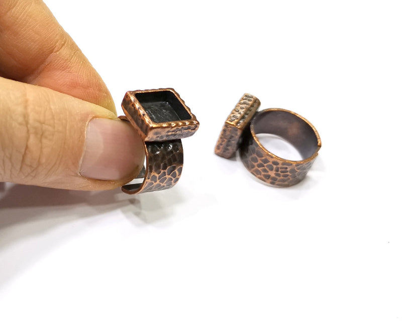 Copper Ring Blank Setting Hammered Cabochon Base inlay Ring Backs Mounting Adjustable Ring Base Bezel (10x10mm) Antique Copper Plated G16905