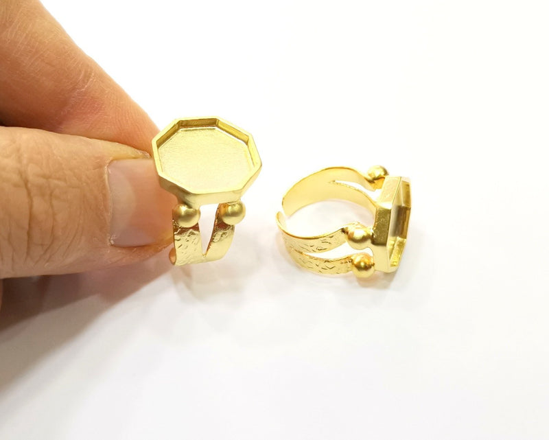 Octagonal Gold Ring Settings Blank Hammered inlay Ring Mosaic Ring Bezel Base Cabochon Mountings (15mm blank ) Gold Plated Brass G16949