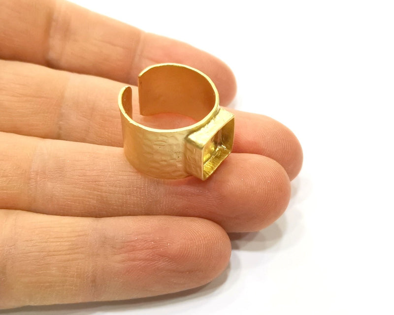 Square Gold Ring Settings Blank Hammered inlay Ring Mosaic Ring Bezel Base Cabochon Mountings (10x10mm blank ) Gold Plated Brass G17501