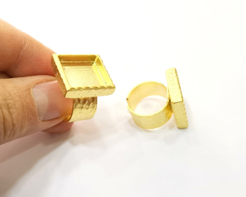 Hammered Ring Blank Setting Cabochon Base inlay Ring Hammered Mounting Adjustable Ring Bezel (16x16mm blank ) Gold Plated Metal G16952