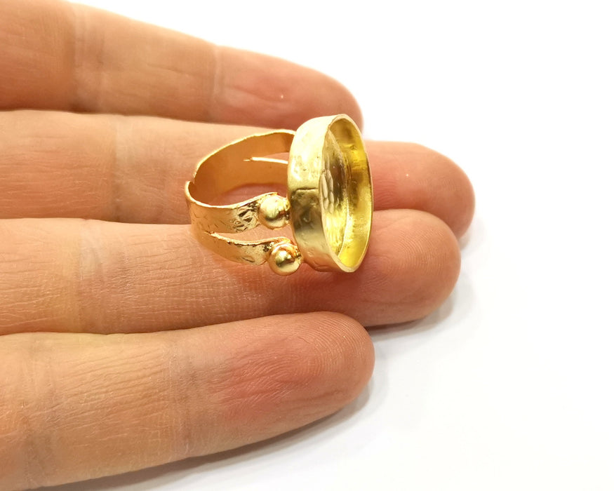 Gold Ring Settings Blank Hammered inlay Ring Mosaic Ring Bezel Base Cabochon Mountings Adjustable (20mm blank ) Gold Plated Brass G16962