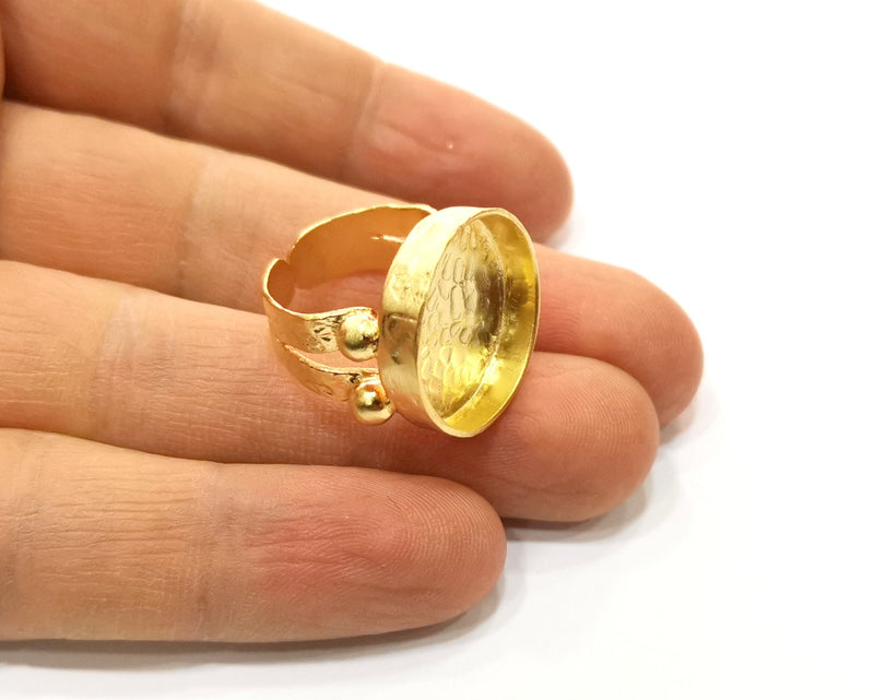 Gold Ring Settings Blank Hammered inlay Ring Mosaic Ring Bezel Base Cabochon Mountings Adjustable (20mm blank ) Gold Plated Brass G16962