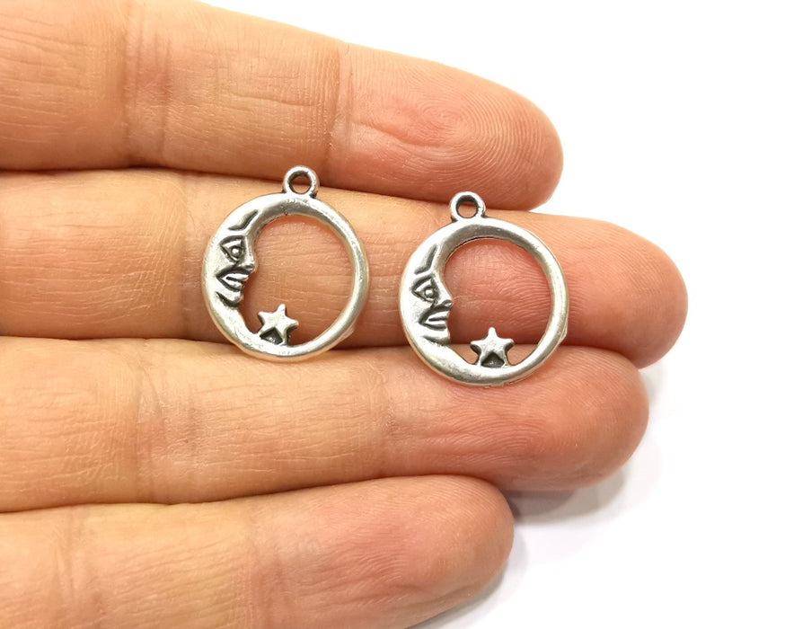 10 Moon and Star Charm Silver Charms Antique Silver Plated Metal (17x14mm) G17074